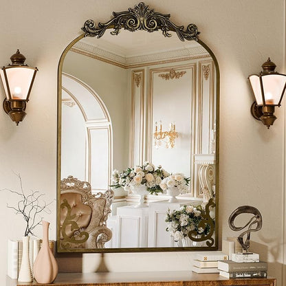 Koonmi Vintage Mirror, 30x40 Antique Decorative Mirrors with Flower Head, Bronze Ornate Mirror for Wall, Tempered Glass, Baroque Mirrors for Bathroom Living Room Fireplace Entryway