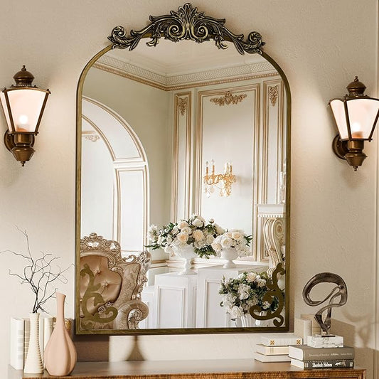 Koonmi Vintage Mirror, 30x40 Antique Decorative Mirrors with Flower Head, Bronze Ornate Mirror for Wall, Tempered Glass, Baroque Mirrors for Bathroom Living Room Fireplace Entryway
