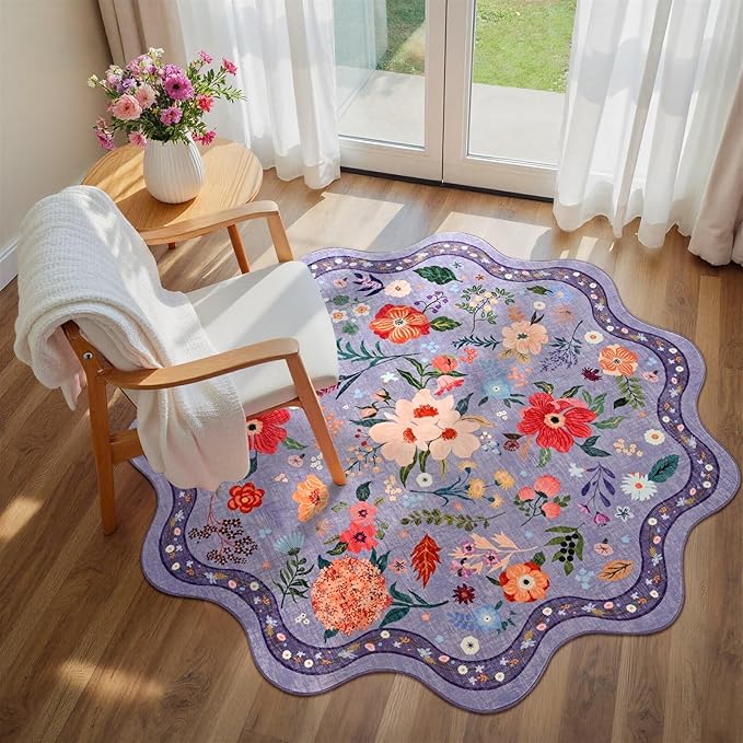 Macgace Purple Round Rug for Girls Bedroom, 4ft Machine Washable Floral Area Rugs with Non Slip Backing, Cute Flower Carpet Kitchen Living Room Kids Playroom Decor