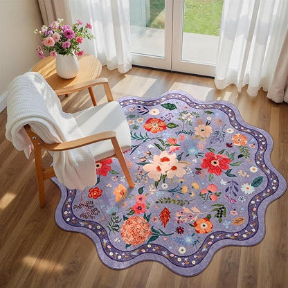 Macgace Purple Round Rug for Girls Bedroom, 4ft Machine Washable Floral Area Rugs with Non Slip Backing, Cute Flower Carpet Kitchen Living Room Kids Playroom Decor