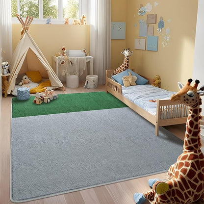 Rugs for Bedroom Living Room, 5x7 ft Light Grey Dark Green Area Rug, Washable Memory Foam Non-Slip Carpet, Modern Minimalist Indoor Carpets for Boys Girls Kitchen Home Decor