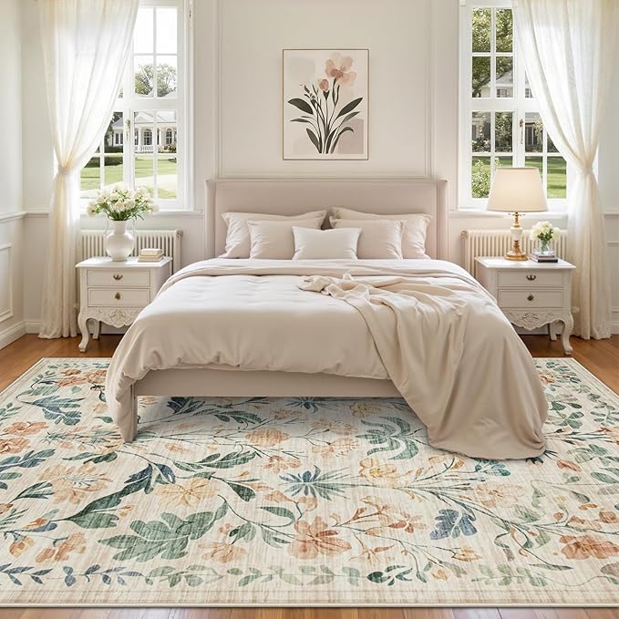 8x10 Area Rugs Washable Rug: Lagre Boho Living Room Rug Soft Non-Slip Thin Carpet Indoor Floor Non-Shedding Neutral Floral Carpets for Bedroom Dining Room Farmhouse Nursery Beige