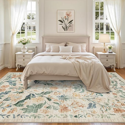 8x10 Area Rugs Washable Rug: Lagre Boho Living Room Rug Soft Non-Slip Thin Carpet Indoor Floor Non-Shedding Neutral Floral Carpets for Bedroom Dining Room Farmhouse Nursery Beige