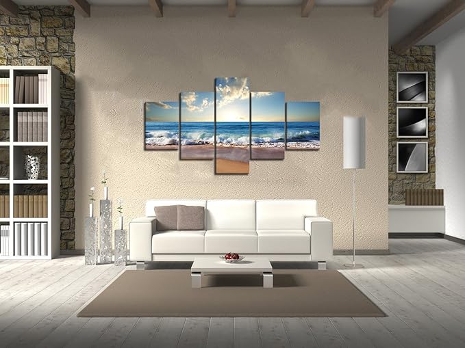 Modern Landscape Painting on Canvas 5 Panels Blue Sky Beach Ocean Pictures Wall Art for Living Room Home Decor Wooden Framed Stretched Ready to Hang (60" W x 40" H)