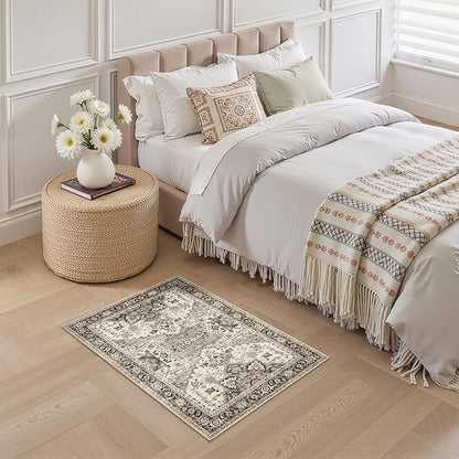 2x3 Washable Entryway Rug: Non-Slip Soft Small Indoor Area Rug for Bedroom Kitchen, Low Pile Stain-Resistant Durable Vintage Floral Carpet for Porch Laundry Kids Room Home Decor (Brown)