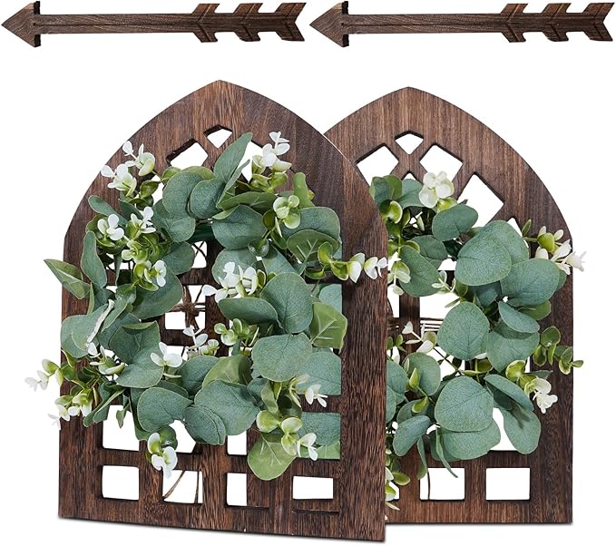 Rustic Wood Window Frame with Green Wreath and Arrows Wall Decor，Farmhouse Hanging Decor, Wooden Fake Decoration,Window Pane Wall Decor,Set of 2 (windows brown)