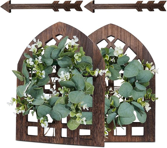 Rustic Wood Window Frame with Green Wreath and Arrows Wall Decor，Farmhouse Hanging Decor, Wooden Fake Decoration,Window Pane Wall Decor,Set of 2 (windows brown)