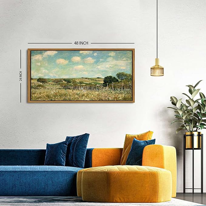 Rustic Grassland Wall Art Canvas Wooden Framed Vintage Green Forest Pictures Wall Decor Countryside Wildflower Landscape Painting Prints Abstract Artwork for Living Room Bedroom Home Decoration 24x48
