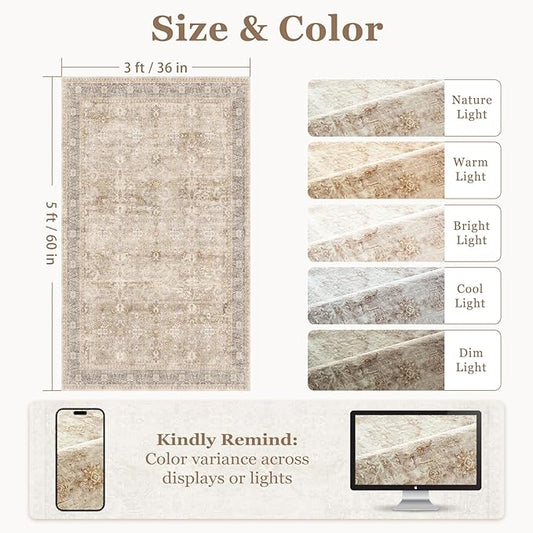 Vintage Beige 3x5 Entryway Rug Indoor Foyer, Neutral Earth Tone Throw Rug for Kitchen Bathroom, Machine Washable Non Slip Ultra Thin Area Rug for Nursery/Bedroom Bedside/Home Office/Dorm