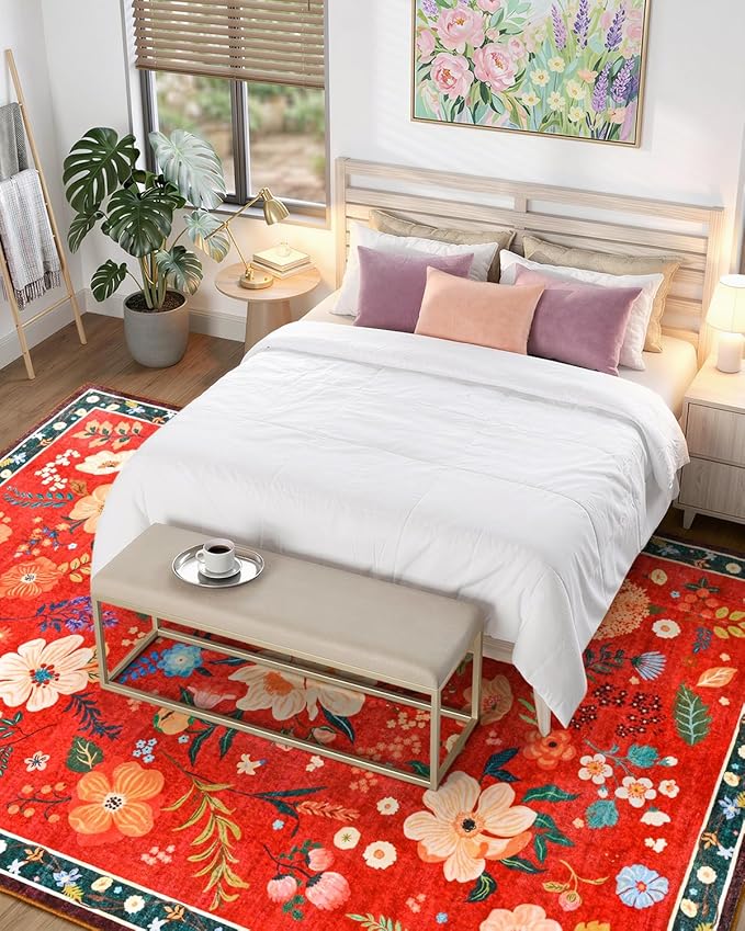 Macgace 5x7 Floral Rug for Girls Bedroom, Machine Washable Area Rugs with Non Slip Backingfor Living Room, Cute Flowers Carpet Kitchen Dining Room Kids Playroom Decor, Christmas Red