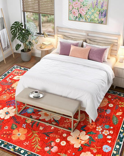 Macgace 5x7 Floral Rug for Girls Bedroom, Machine Washable Area Rugs with Non Slip Backingfor Living Room, Cute Flowers Carpet Kitchen Dining Room Kids Playroom Decor, Christmas Red