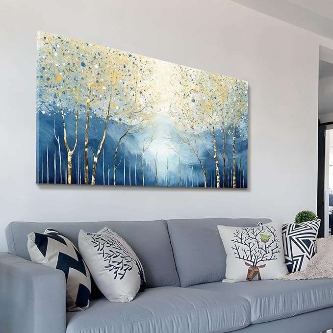 amatop Large Abstract Art Wall Hanging For The Living Room, Featuring Modern Plant Prints Pictures And Blue And Yellow Tree Artwork For Bedrooms, Bathrooms, Dining Rooms, And Studies. 48X24 Inches.