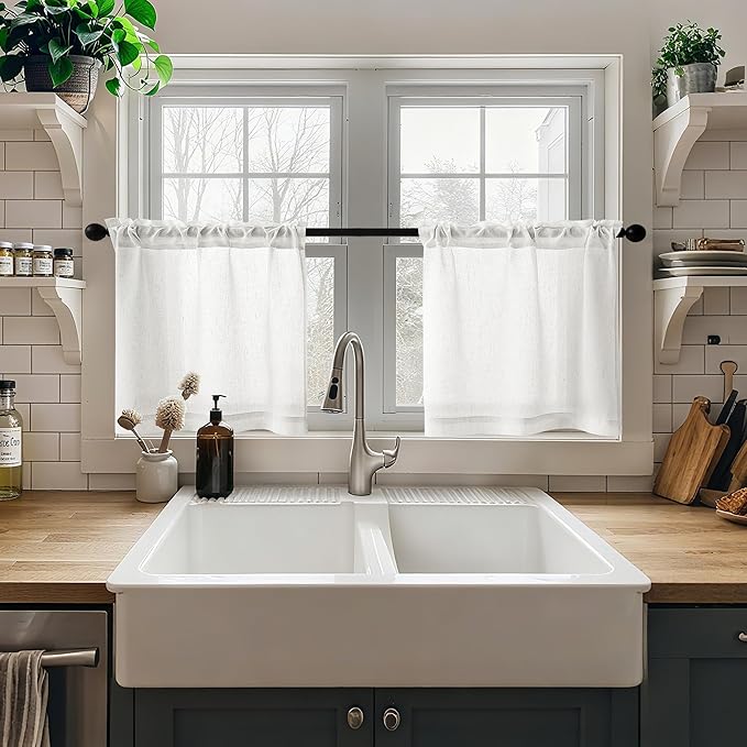 Semi Sheer Kitchen Curtains for Small Windows Light Filtering Curtains 24 inch Length Cream Boho Farmhouse Rod Pocket Cafe Drapes for Basement Bathroom Window Treatments, 25x24 Inch 2 PCS