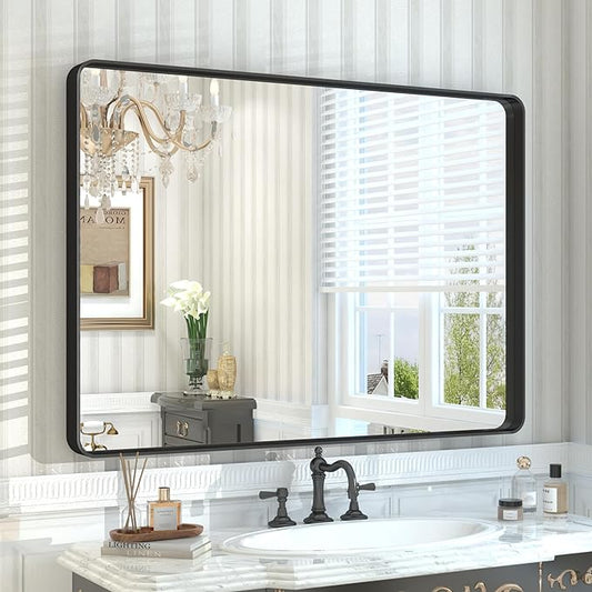 44x30 Inch Black Metal Framed Bathrrom Mirror for Wall, Black Rounded Rectangle Mirror, Matte Black Bathroom Vanity Mirror, Anti-Rust, Tempered Glass, Hangs Horizontally or Vertically
