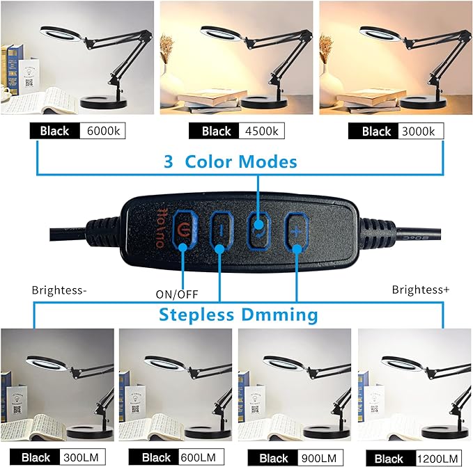 KIRKAS 10X Magnifying Glass with Light and Stand, 2-in-1 Stepless Dimmable LED Desk Lamp with Clamp, 3 Color Modes Lighted Magnifier Swivel Arm Light for Reading, Craft, Close Works - Black