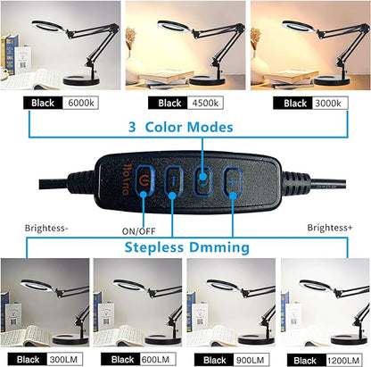 KIRKAS 10X Magnifying Glass with Light and Stand, 2-in-1 Stepless Dimmable LED Desk Lamp with Clamp, 3 Color Modes Lighted Magnifier Swivel Arm Light for Reading, Craft, Close Works - Black