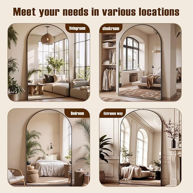 Full Length Mirror, 81"x41" Arched Full Body Mirror, Floor Mirrors with Stand, Body Mirrors Standing Hanging Leaning Against Wall,Aluminum Frame Mirrors for Bedroom Cloakroom,Living Room,Black