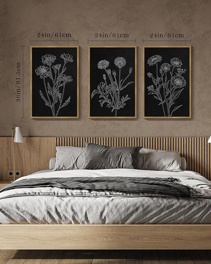 Drsoum Black White Flower Wall Art Vintage Minimalist Floral Wall Hanging Decor Bohemain Botanical Prints Artwork for Bedroom Living Room Hallway 24x36in Natural Framed