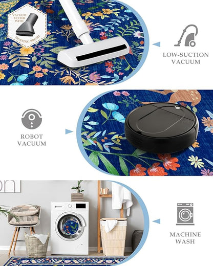 8x10 Blue Farmhouse Rugs for Living Room - Large Unique Washable Area Rug for Bedroom, Dining Room Under Table, Floral & Animal Design, Low Pile Soft Carpet