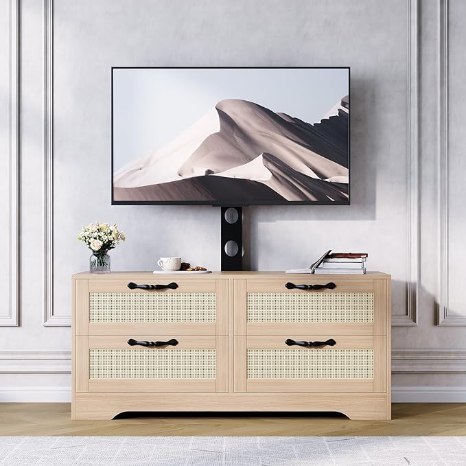 GarveeHome 4 Drawer Dresser TV Stand with Mount, XXX Inch Rattan Entertainment Center for TVs Up to 70 Inch, Farmhouse Wooden Media Console for Living Room, Bedroom, Natural