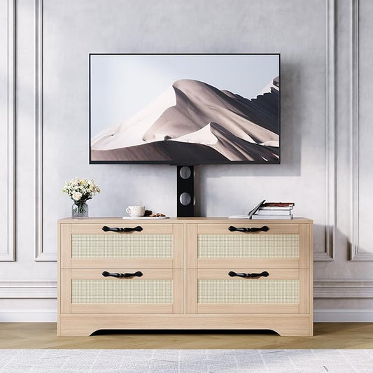 GarveeHome 4 Drawer Dresser TV Stand with Mount, XXX Inch Rattan Entertainment Center for TVs Up to 70 Inch, Farmhouse Wooden Media Console for Living Room, Bedroom, Natural