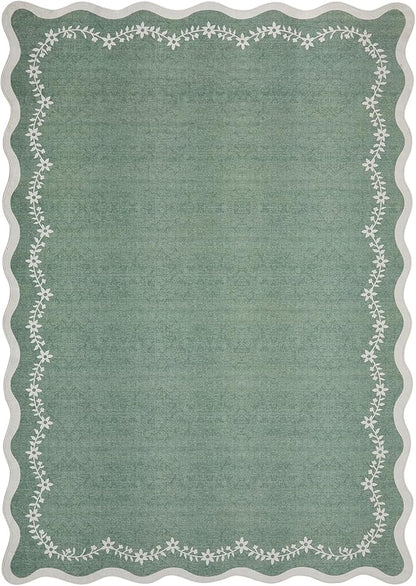 GarveeHome Scalloped Area Rugs 8x10 for Living Room, Sage Green Large Washable Rug Soft Non Slip Backing Floor Mat Carpet Indoor Thin Rug for Bedroom Dining Room Playroom Nursery Home Decor