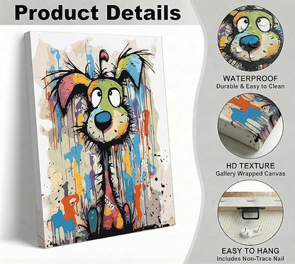 Colorful Graffiti Cartoon Dog Canvas Wall Art Abstract Doodle Animals Wall Decor Picture Vibrant Playful and Fun Cartoon Style Puppy Poster Printing for Living Room Bedroom Artwork Home Decoration