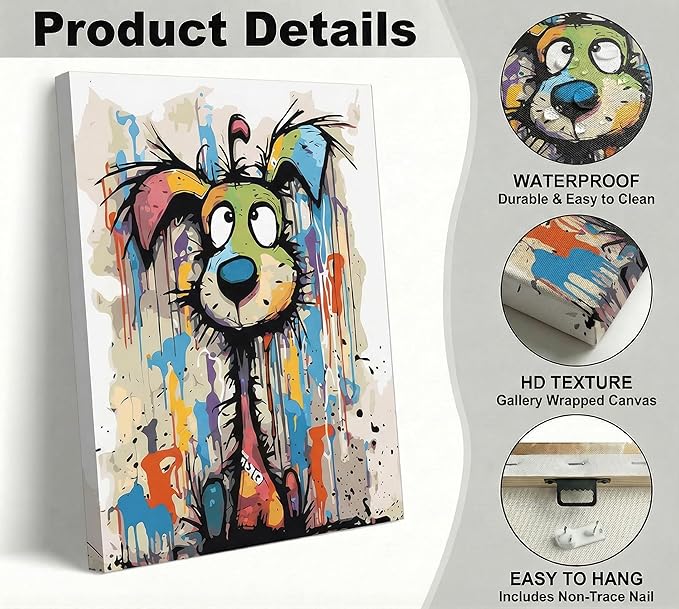 Colorful Graffiti Cartoon Dog Canvas Wall Art Abstract Doodle Animals Wall Decor Picture Vibrant Playful and Fun Cartoon Style Puppy Poster Printing for Living Room Bedroom Artwork Home Decoration