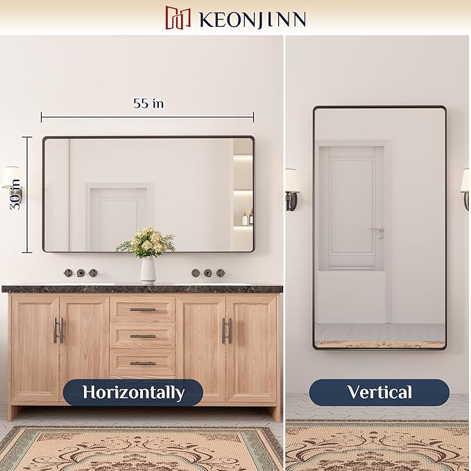 Keonjinn Black Bathroom Mirror, 55” x 30” Rounded Rectangle Sandblasted Finish Bathroom Mirrors for Over Sink, Large Matte Black Vanity Mirror with Seamless Frame, HD Tempered Glass Farmhouse Mirror