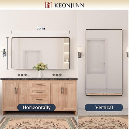 Keonjinn Black Bathroom Mirror, 55” x 30” Rounded Rectangle Sandblasted Finish Bathroom Mirrors for Over Sink, Large Matte Black Vanity Mirror with Seamless Frame, HD Tempered Glass Farmhouse Mirror
