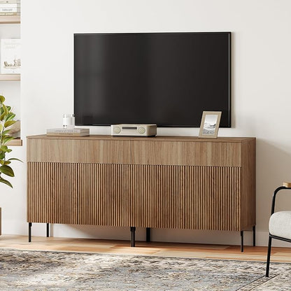 WAMPAT Fluted TV Stand TVs up to 70 inch, 63" W Modern TV Entertainment Center with Storage Cabinets and 2 Drawers & 4 Doors, Wood Media TV Console Table with Storage for Living Room, Light Walnut
