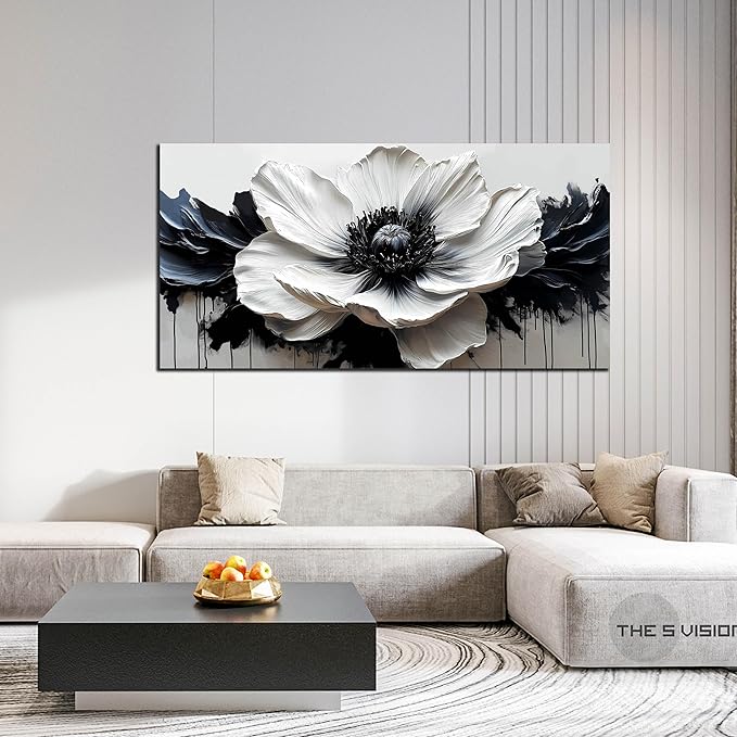 HUBOSKN Black and White Flower Wall Art for Bedroom - Large Canvas Wall Art Living Room - Floral Wall Decor for Teen Girls Size 29" x 59"