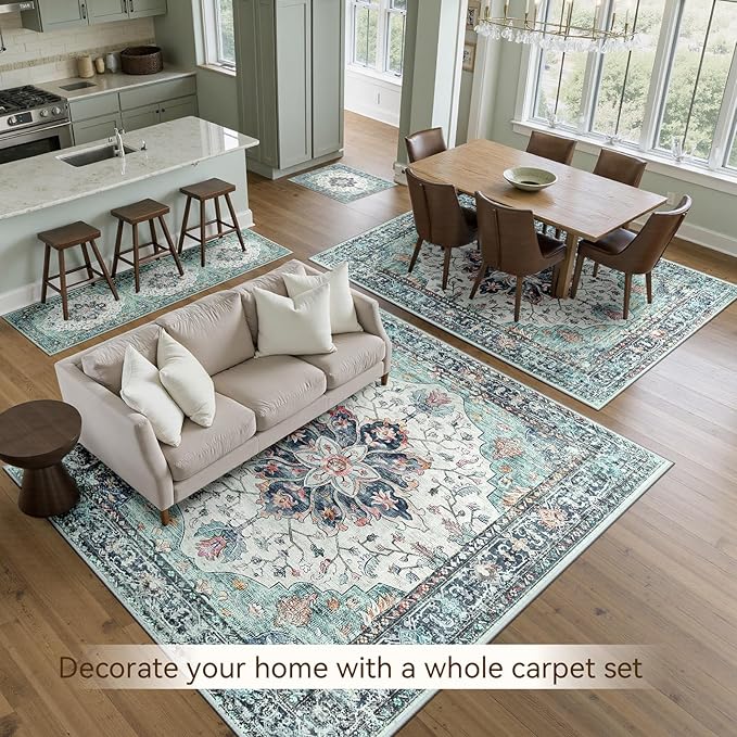 RELEANY Area Rugs 10'x14' Washable Non-Slip, Floral Vintage Distress Print Pattern Medallion Carpet for Living Room Bedroom Dining Room, Green Navy Blue White Red Teal Colorful