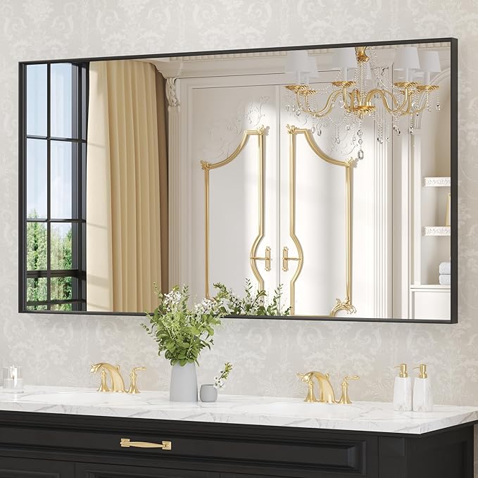 LOAAO Black Bathroom Mirror 50"X30" for Wall, Rectangle Bathroom Vanity Mirror, Tempered Glass, Hangs Vertically or Horizontally, Easy to Install, Modern Design