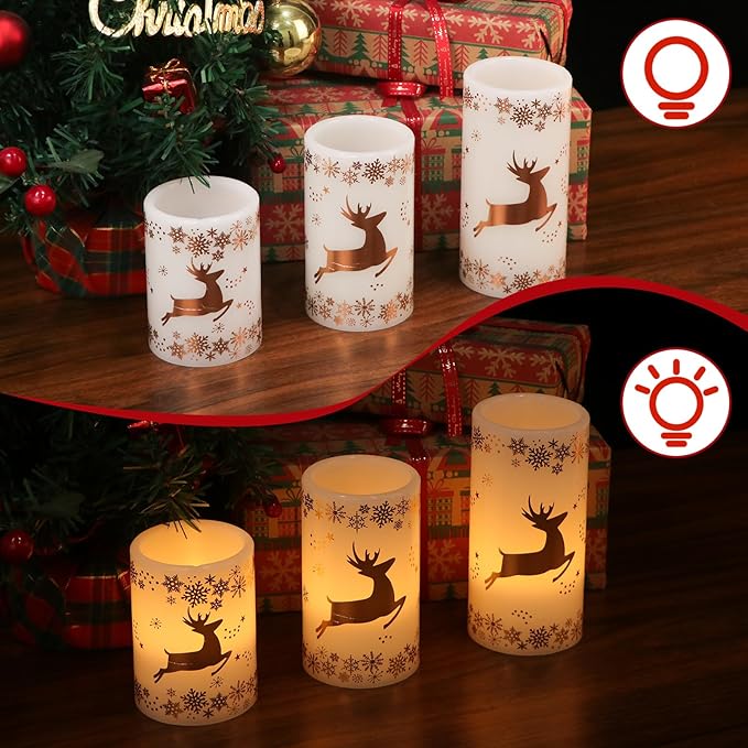 Gold Deer Flameless Flickering Candles Battery Operated with 6H Timer, 3 Pack Real Wax Warm Light LED Pillar Candles Dinner Tabletop Holiday Centerpiece Decor 3" x 6"