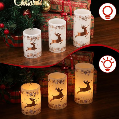 Gold Deer Flameless Flickering Candles Battery Operated with 6H Timer, 3 Pack Real Wax Warm Light LED Pillar Candles Dinner Tabletop Holiday Centerpiece Decor 3" x 6"