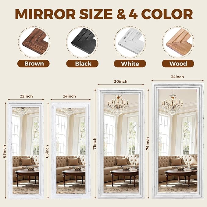 Full Length Wood Mirror 76x34 - Rustic Solid Wood Floor Mirror with Triple Layer Frame, HD Tempered Glass, Wall Mounted or Leaning Standing Mirror Vintage White Mirror for Bedroom Bathroom Living Room