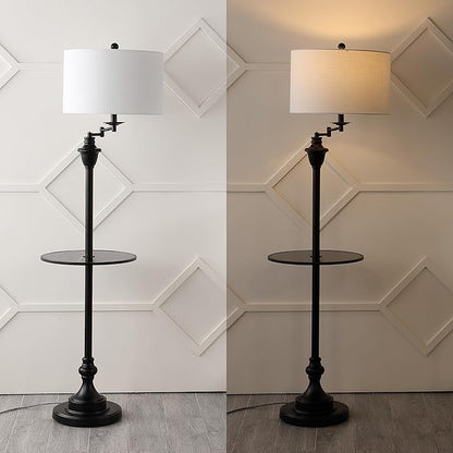 JONATHAN Y 60" Black Floor Lamp with Integrated Glass Side Table, Modern Swing Arm Standing Lamp for Living Room, White Linen Shade, LED Bulb Included (JYL3055D)