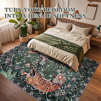 Tiger Washable Area Rugs 6x9 Green, Boho Accent Jungle Rugs for Living Room, Soft Bedroom Area Carpet, Thin Botanical Floor Carpets for Dining Room Nursery Dorm Kids Playroom Farmhouse Office