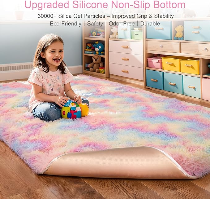 KICHOWUA Thick Area Rug 5x8 Unicorn Fluffy Shag for Girls Bedroom, Rainbow Soft Fuzzy Furry Shaggy Pastel Rug for Living Room,Thickened Washable Non Slip Princess Kids Nursery Boys Dorm Room Carpets