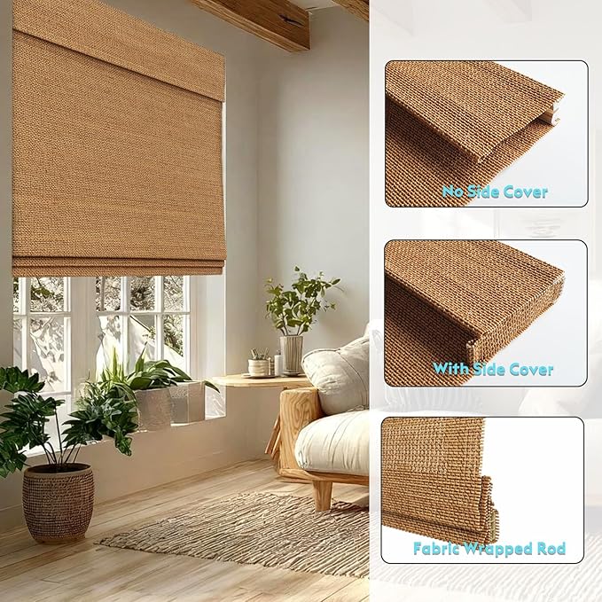 Motorized Bamboo Roman Shades, Motorized Blinds with Remote Compatible with Homekit, Alexa GoogleHome, Smart Wood Woven Shades for Indoor Windows, Customize, Canyon Grid