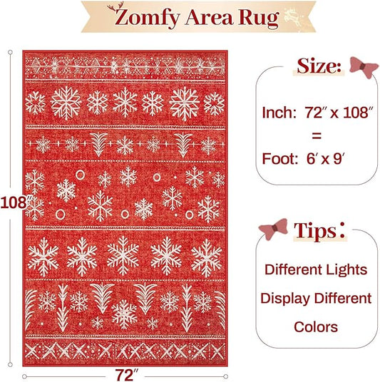 Christmas Area Rug 6x9 Rugs: Washable Living Room Rug Xmas Holiday Decor Rugs Snowflake Low Pile Boho Rug Indoor Floor Carpet for Bedroom Kitchen Dining Room Home(Xmas Red, 6'x9')