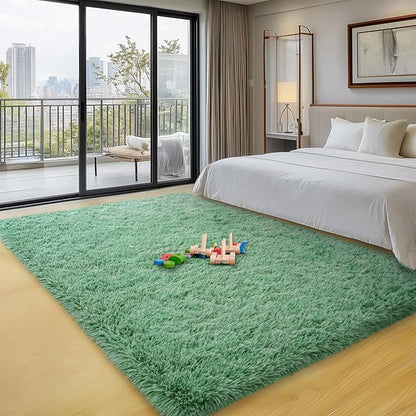 qulint 3x5 Area Rug for Bedroom, Fluffy Sage Green Rug for Living Room Cozy Shag Small Carpet for Nursery, Fuzzy Plush Shaggy Alfombras for Boys and Girls Dorm Home Decor (3ft x 5ft, Sage Green)