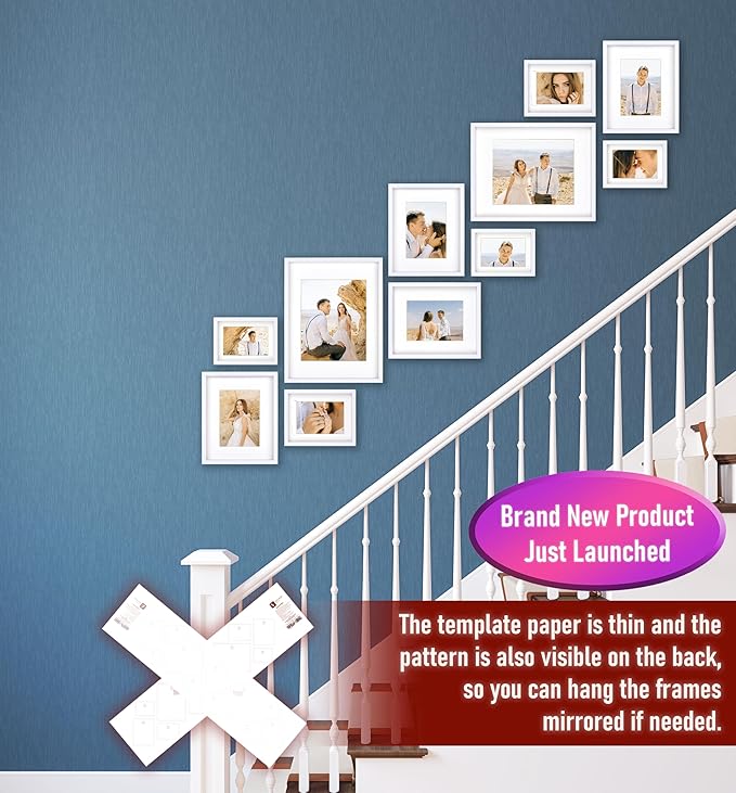 VELISTA 11 Piece Stair Picture Frame Set for Wall – Shadow Box Stairwell Gallery Wall Frame Set -Stairway Décor for Walls - Ladder Picture Frames 4x6, 5x7, and 8x10 in - Staircase Wall Décor (White)