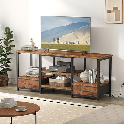 DUMOS 47 Inch TV Stand for 55-65 Inch TVs, Entertainment Center with Charging Station(2AC+USB+Type-C), Media Console Table with Storage Drawers & Open Shelves, Heavy Duty for Living Room, Rustic Brown