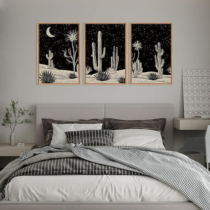 Desert Night Cactus Framed Wall Art Set,Modern Southwestern Black and White Wall Decor,Nature Rustic Moon and Stars Artwork for Living Room,Bedroom-16 x24 x3