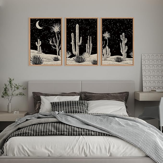 Desert Night Cactus Framed Wall Art Set,Modern Southwestern Black and White Wall Decor,Nature Rustic Moon and Stars Artwork for Living Room,Bedroom-24 x36 x3