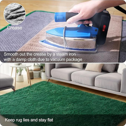 qulint 8x10 Area Rug for Living Room, Fluffy Green Rug for Bedroom Shag Shaggy Large Carpet for Classroom, Plush Fuzzy Modern Alfombra for Dorm Kid Room Playroom Home Decor (8ft x 10ft, Dark Green)