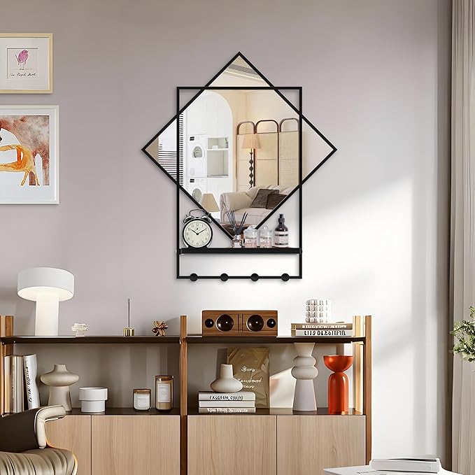 Black Entryway Mirror with Hooks, 26" X 30" Wall Mirror with Hooks, Bathroom Mirror with Shelf, Rectangular Framed Wall Mirror with Shelf and Hooks