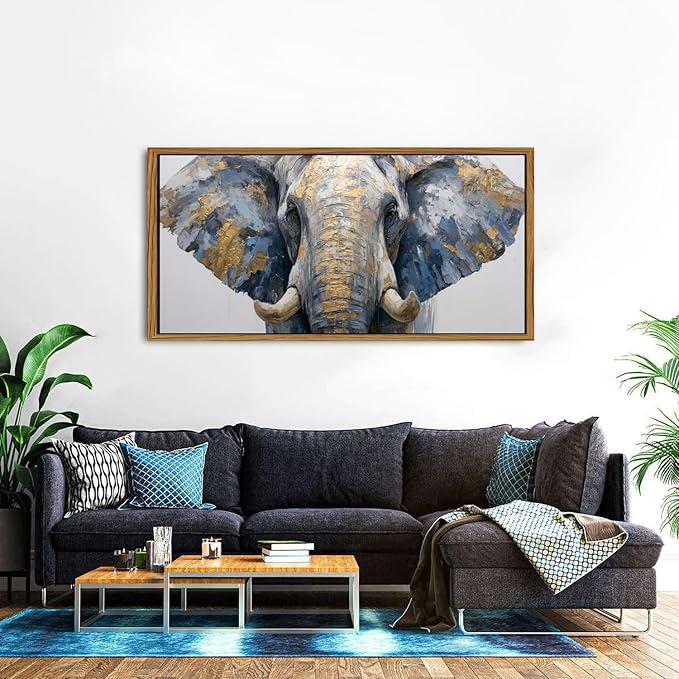 Elephant Animal Wall Art Bedroom Wall Decor African Wildlife Picture Canvas Wooden Framed Abstract Golden Painting Animals Portrait Poster Prints Artwork for Kitchen Living Room Home Decoration 30x57.8"